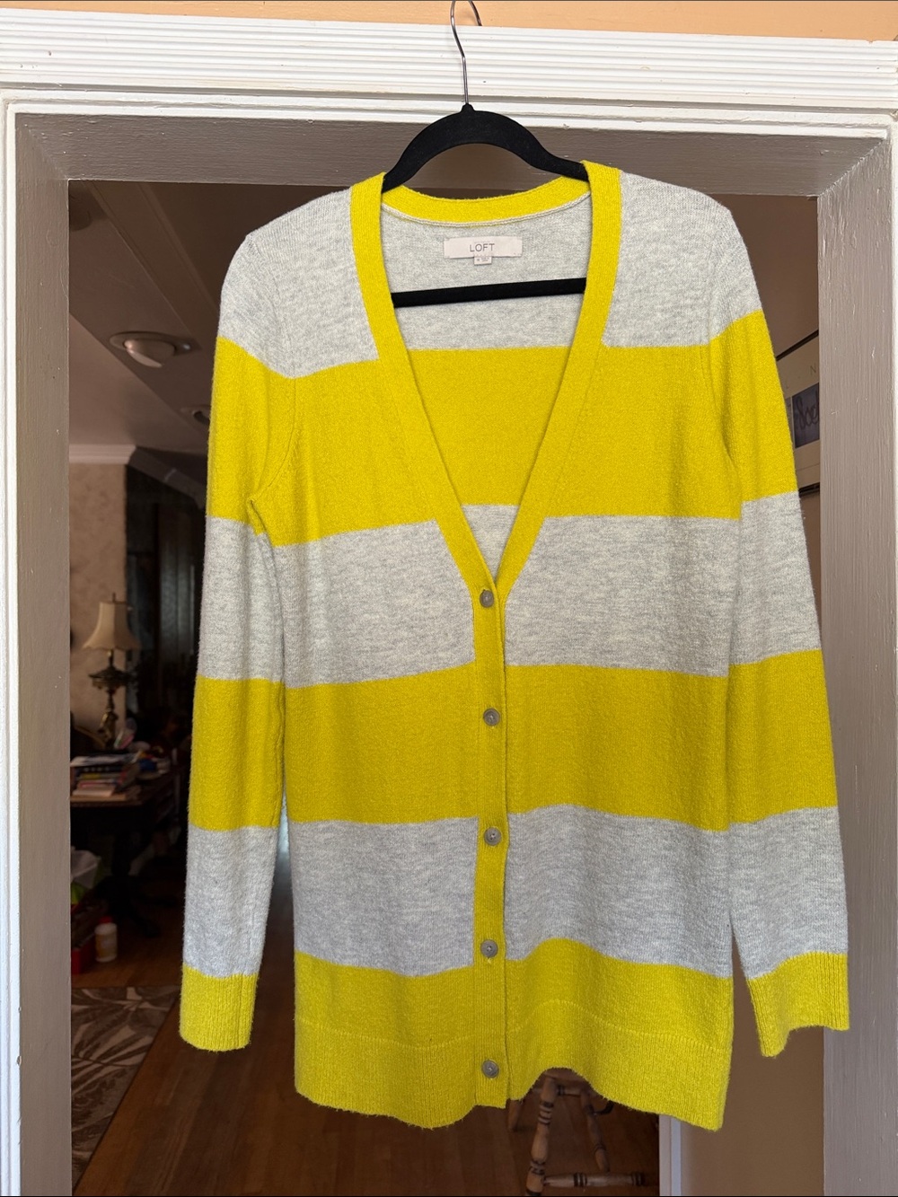 LOFT Yellow and Light Gray Striped V‑Neck Cardigan